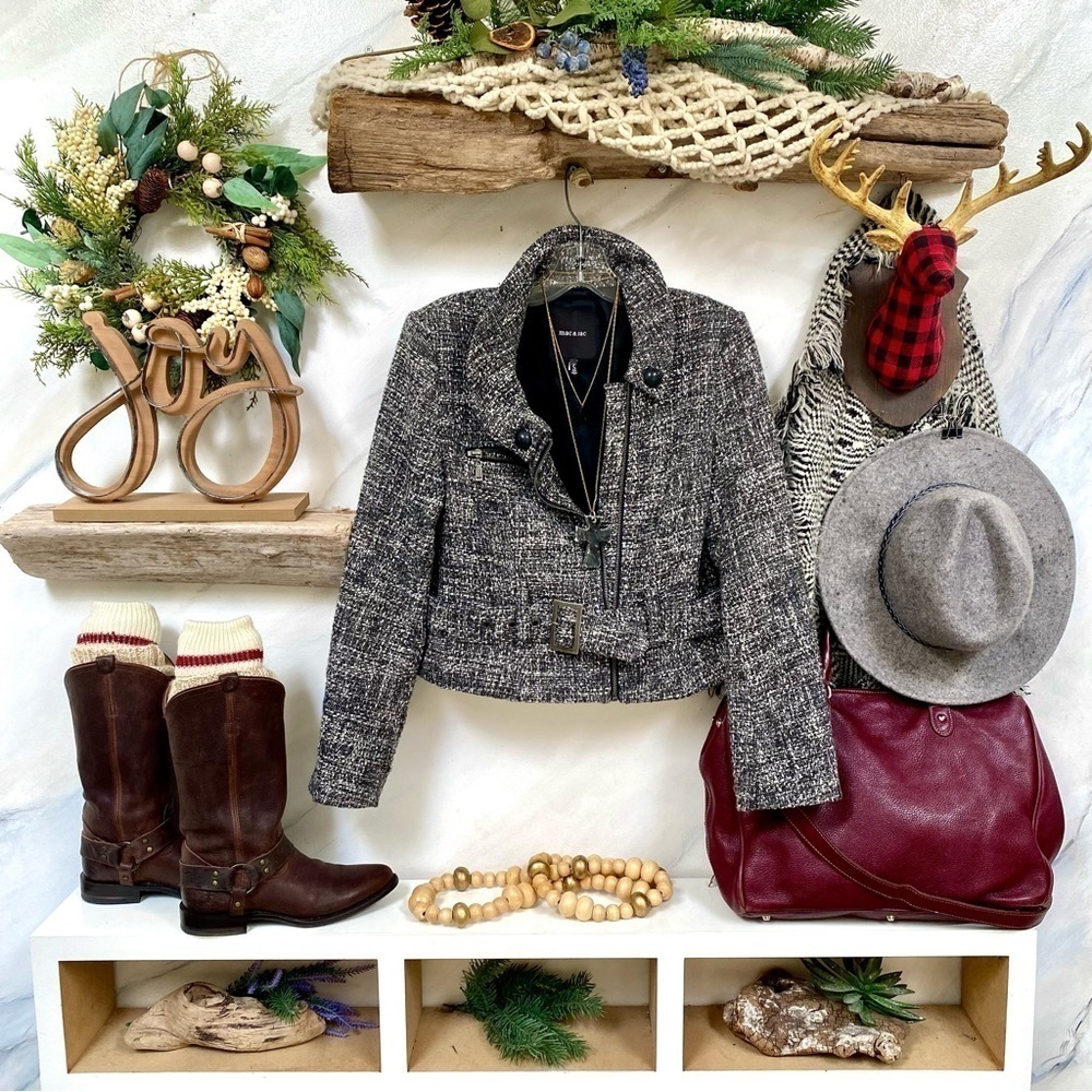 Trendy twill tweed moto fall jacket w boho chic midcentury minimalistic vibe